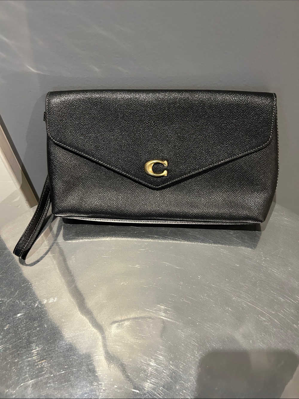 Coach Black Leather Wristlet Clutch with Gold C Hardware